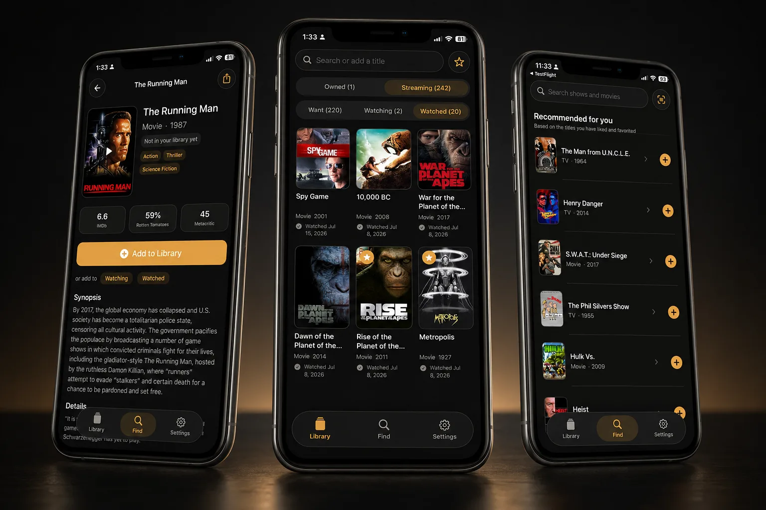 Three iPhones showing GoodWatch: a shared library, a title with aggregated scores, and a ranked Top 10.
