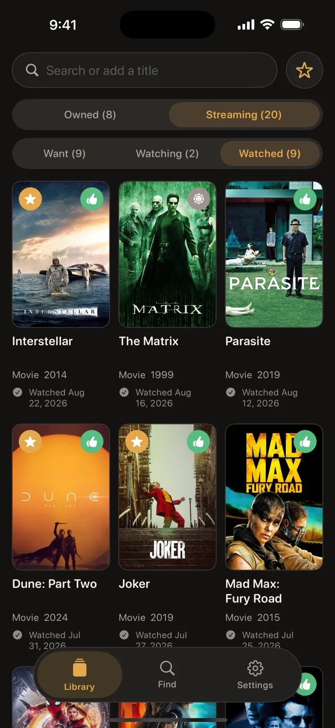 The GoodWatch Library screen with rated titles and thumbs.