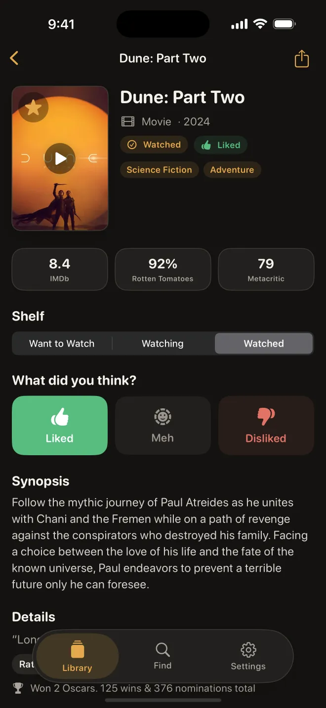 A GoodWatch title detail screen with aggregated IMDb, Rotten Tomatoes, and Metacritic scores.